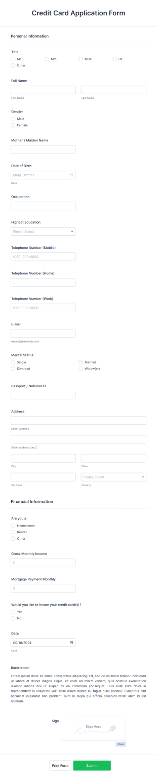 Credit Card Application Form Template