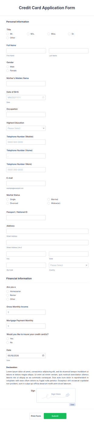 Credit Card Application Form Template