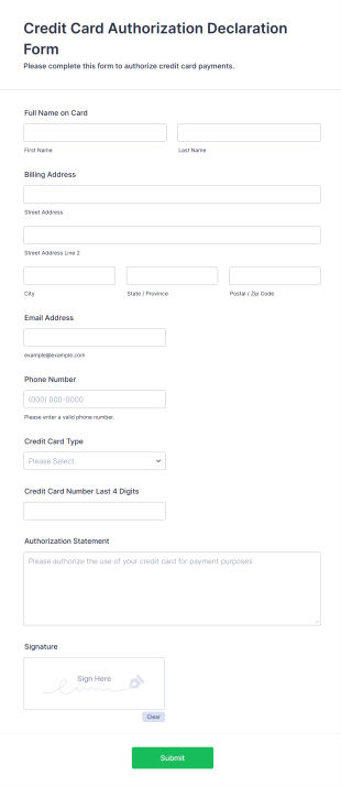 Credit Card Authorization Declaration Form Template