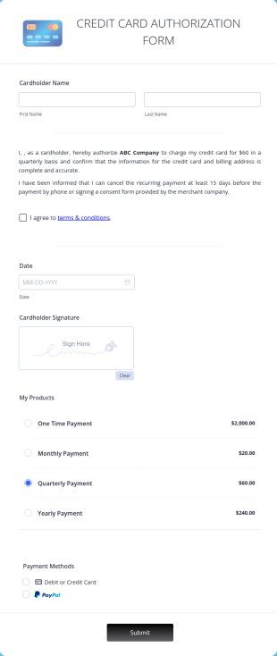 Credit Card Authorization Form Template