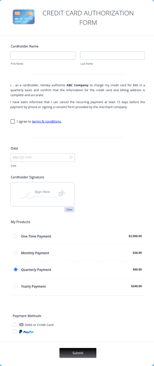 Credit Card Authorization Form Template