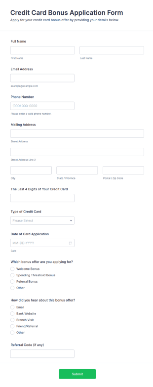 Credit Card Bonus Application Form Template
