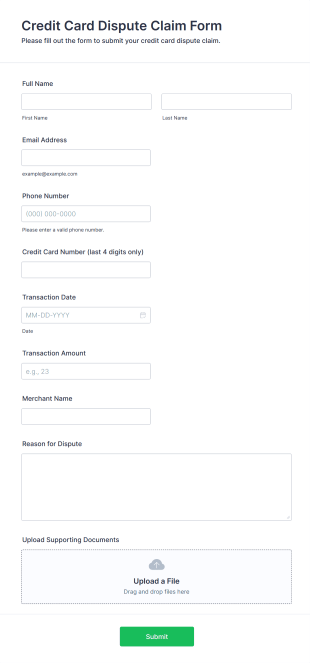 Credit Card Dispute Claim Form Form Template