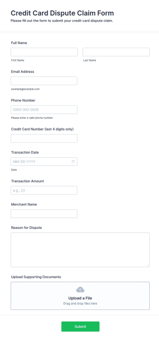 Credit Card Dispute Claim Form Template