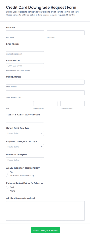 Credit Card Downgrade Request Form Template