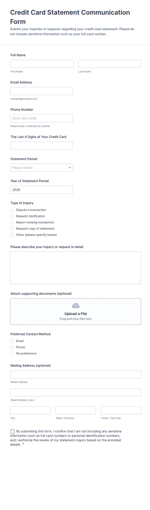 Credit Card Statement Communication Form Template