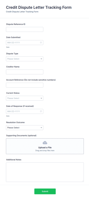 Credit Dispute Letter Tracking Form Template
