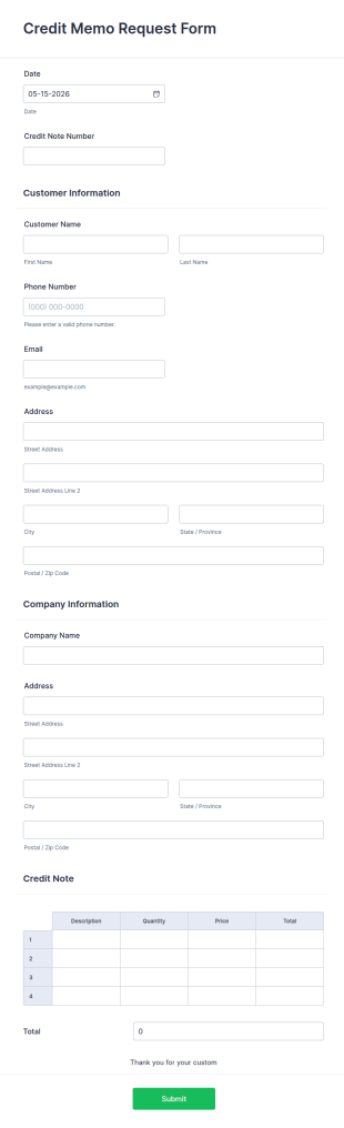 Credit Memo Request Form Template
