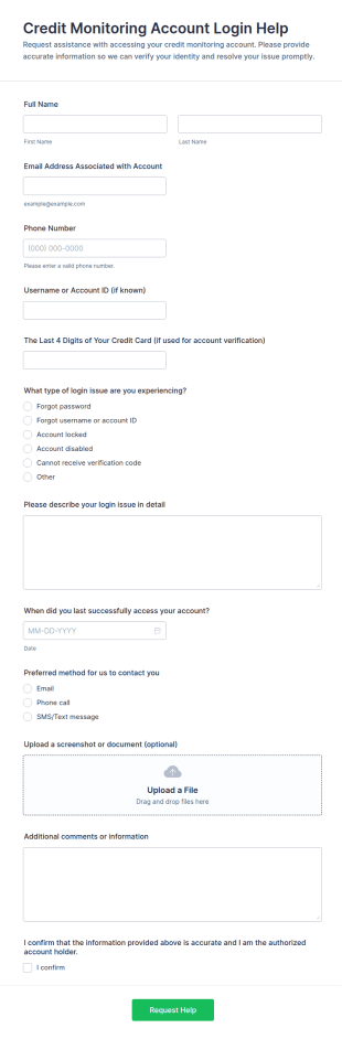 Credit Monitoring Account Login Help Form Template
