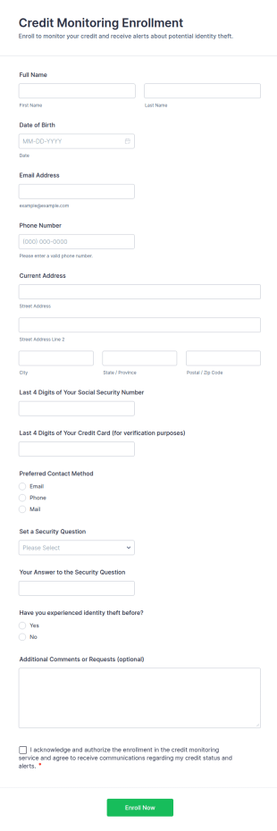 Credit Monitoring Enrollment Form Template