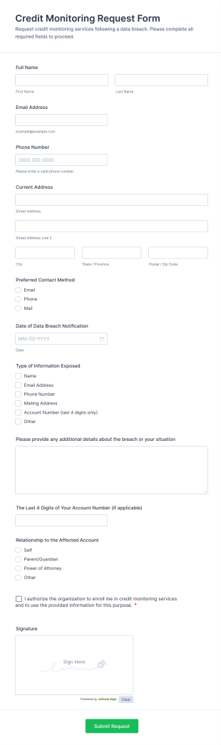 Credit Monitoring Request Form Template