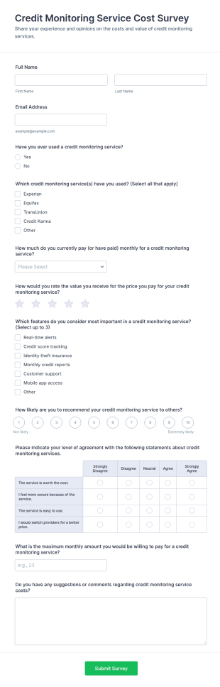 Credit Monitoring Service Cost Survey Form Template