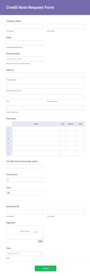 Credit Note Request Form Template