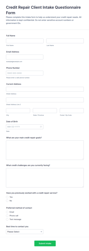 Credit Repair Client Intake Questionnaire Form Template