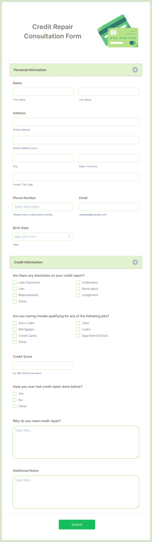 Credit Repair Consultation Form Template