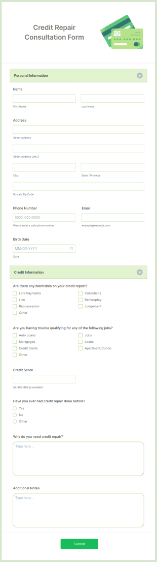 Credit Repair Consultation Form Template