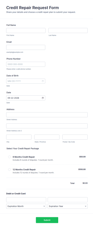 Credit Repair Request Form Template