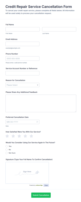Credit Repair Service Cancellation Form Template