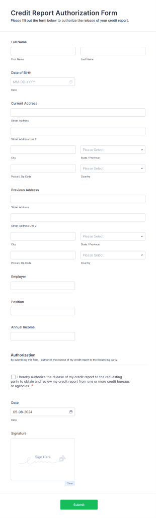 Credit Report Authorization Form Template
