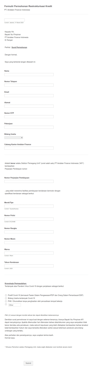 Credit Restructuring Request Form In Indonesian