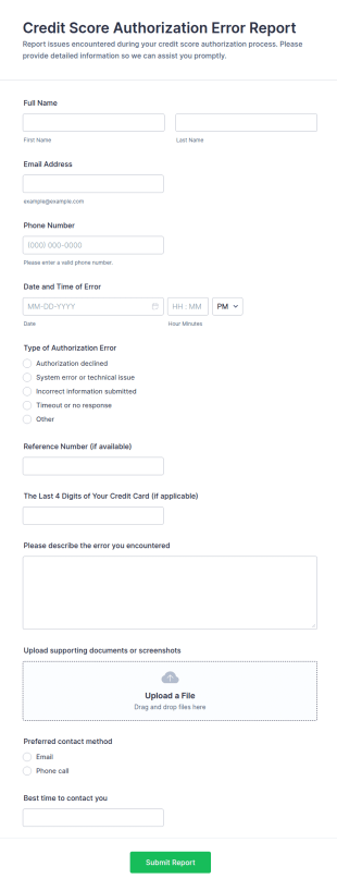Credit Score Authorization Error Report Form Template