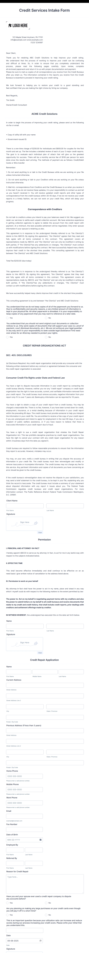 Credit Services Intake Form Template