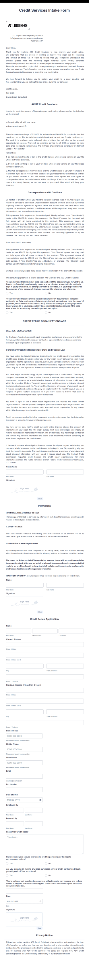 Credit Services Intake Form Template