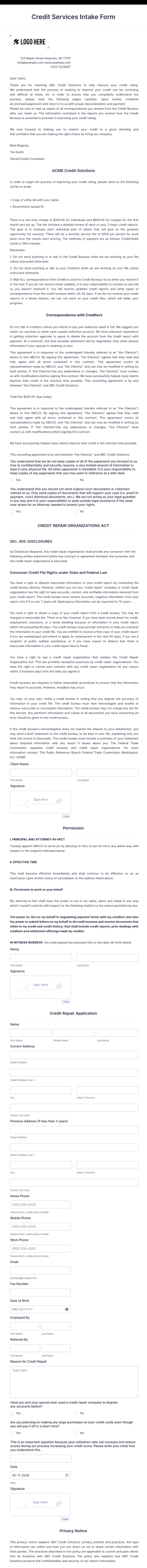 Credit Services Intake Form Template