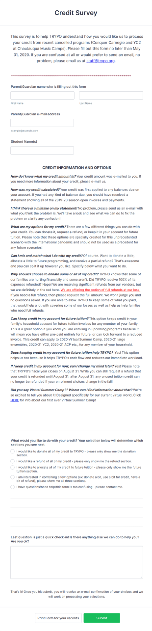 Cancelled Trip Credit Survey Form Template