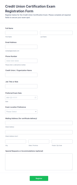 Credit Union Certification Exam Registration Form Template