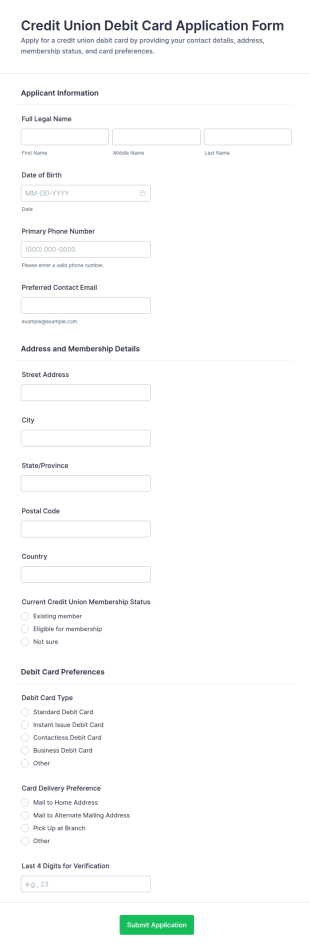 Credit Union Debit Card Application Form Template