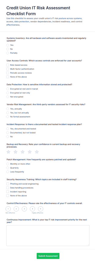 Credit Union IT Risk Assessment Checklist Form Template
