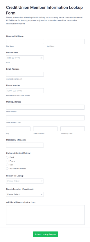 Credit Union Member Information Lookup Form Template