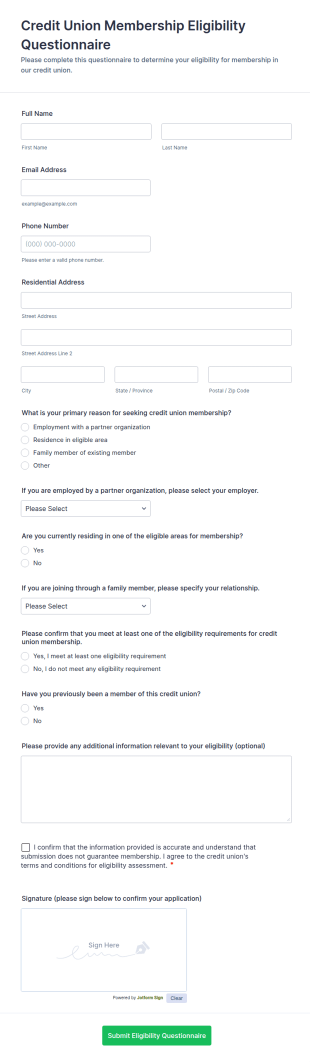 Credit Union Membership Eligibility Questionnaire Form Template