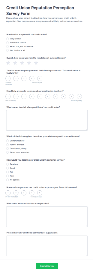 Credit Union Reputation Perception Survey Form Template