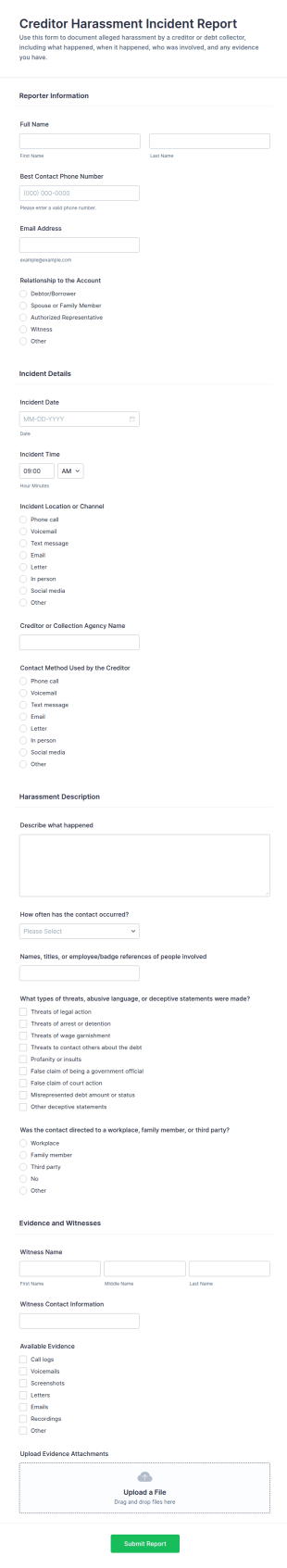 Creditor Harassment Incident Report Form Template