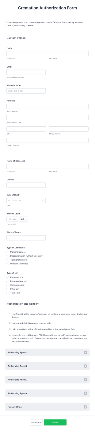 Cremation Authorization Form Template