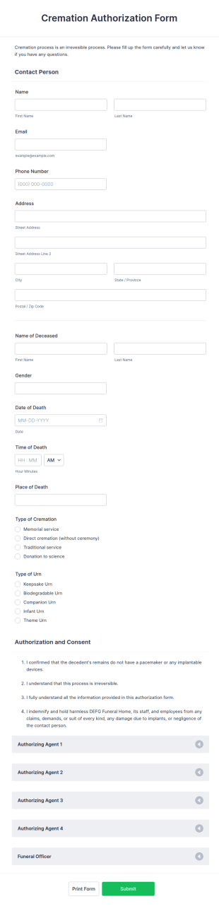 Cremation Authorization Form Template