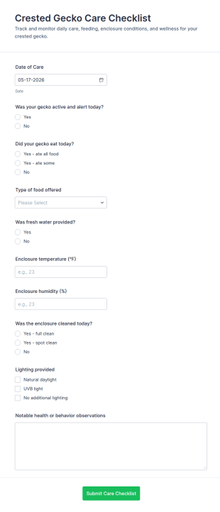 Crested Gecko Care Checklist Form Template