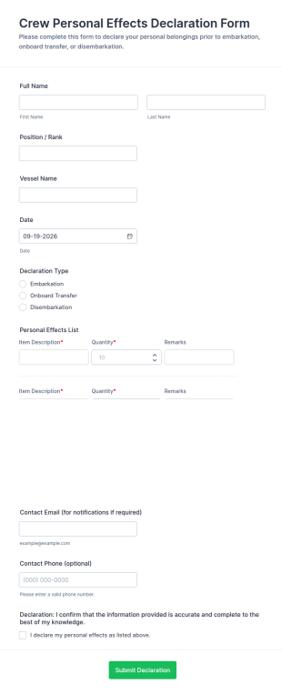 Crew Personal Effects Declaration Form Template