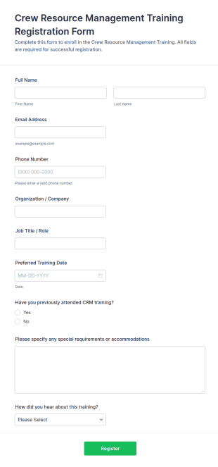Crew Resource Management (CRM) Training Registration Form Template