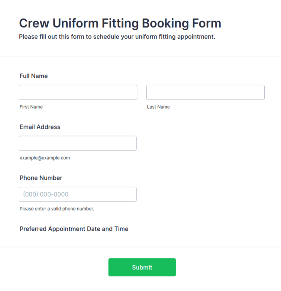Crew Uniform Fitting Booking Form Template | Jotform