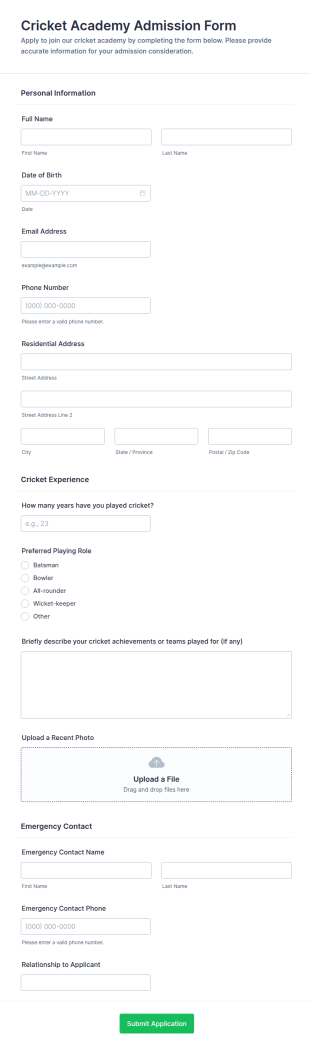 Cricket Academy Admission Form Template