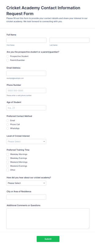 Cricket Academy Contact Information Request Form Template