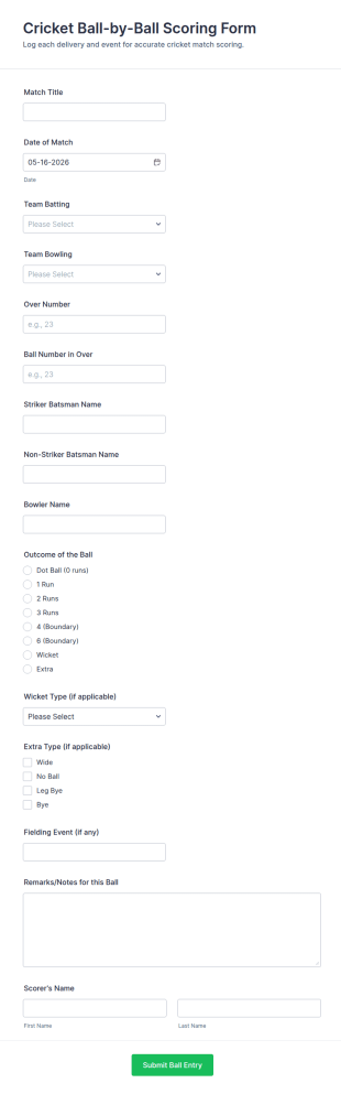 Cricket Ball By Ball Scoring Form Template
