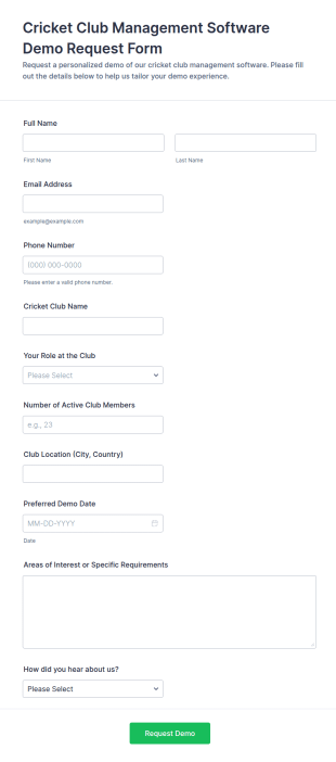 Cricket Club Management Software Demo Request Form Template