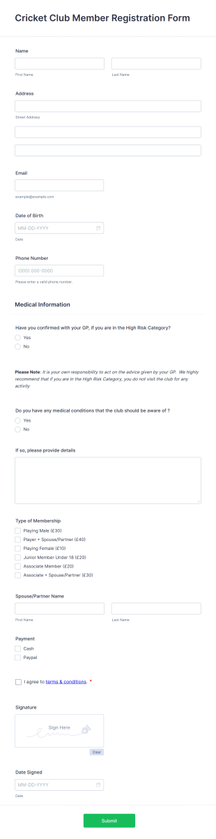 Cricket Club Member Registration Form Template