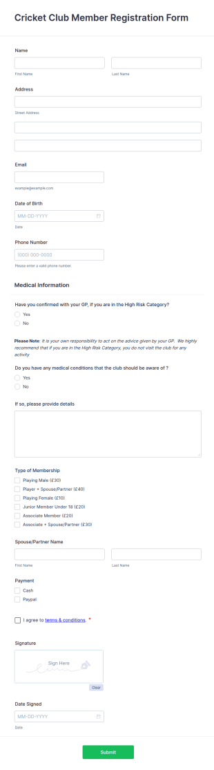 Cricket Club Member Registration Form Template