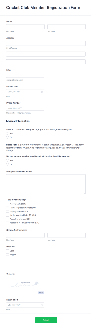 Cricket Club Member Registration Form Template