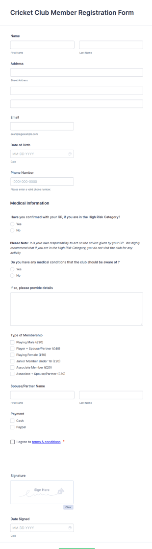 Cricket Club Member Registration Form Template